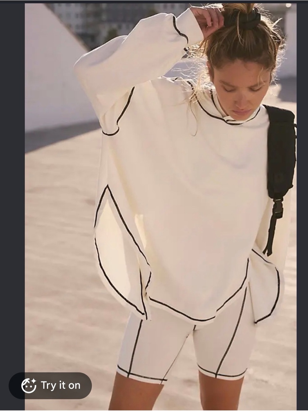 Women's White Contrast-Stitch Oversized Sweatshirt & Bike Short Set